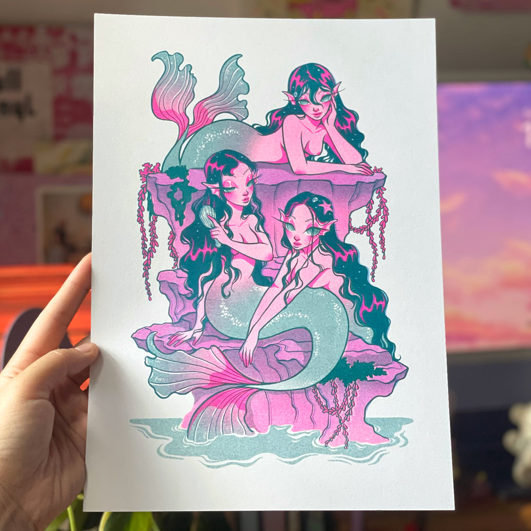 'Mermaid Sisters' A4 Risograph Print